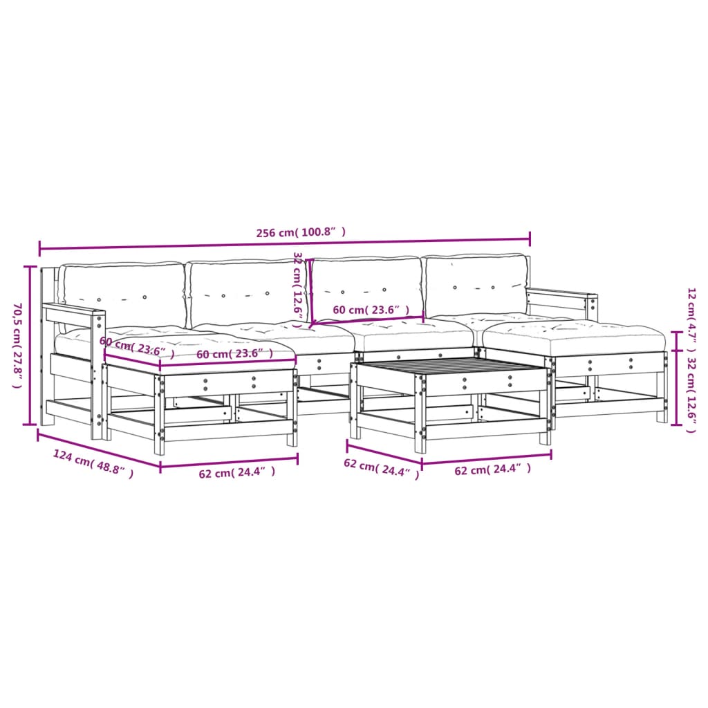 Set Divani da Giardino 7 pz con Cuscini in Legno Massello