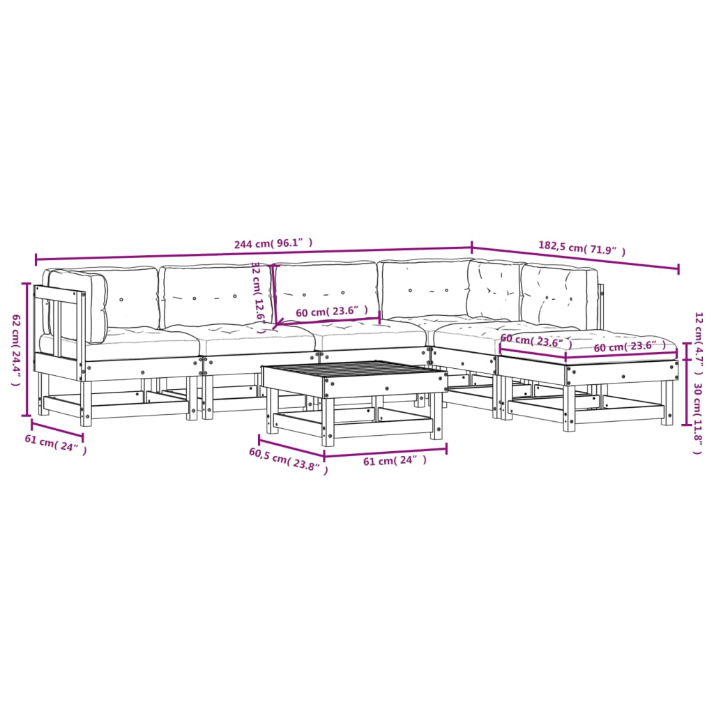 Set Divani da Giardino 7 pz con Cuscini in Legno Massello