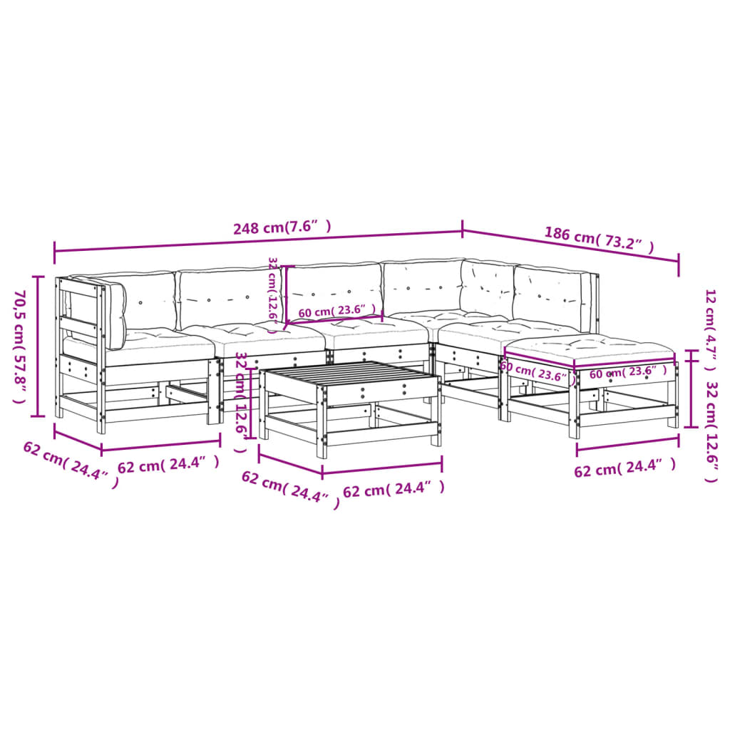 Set Divani da Giardino 7pz con Cuscini Legno Impregnato di Pino