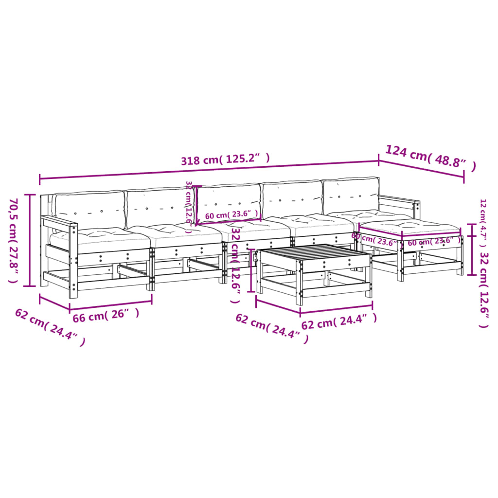 Set Divani da Giardino 7pz con Cuscini Legno Impregnato di Pino