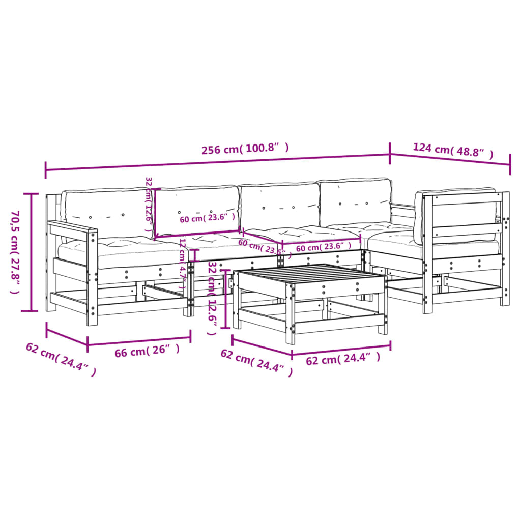 Set Divani da Giardino 6pz con Cuscini in Legno Massello Bianco