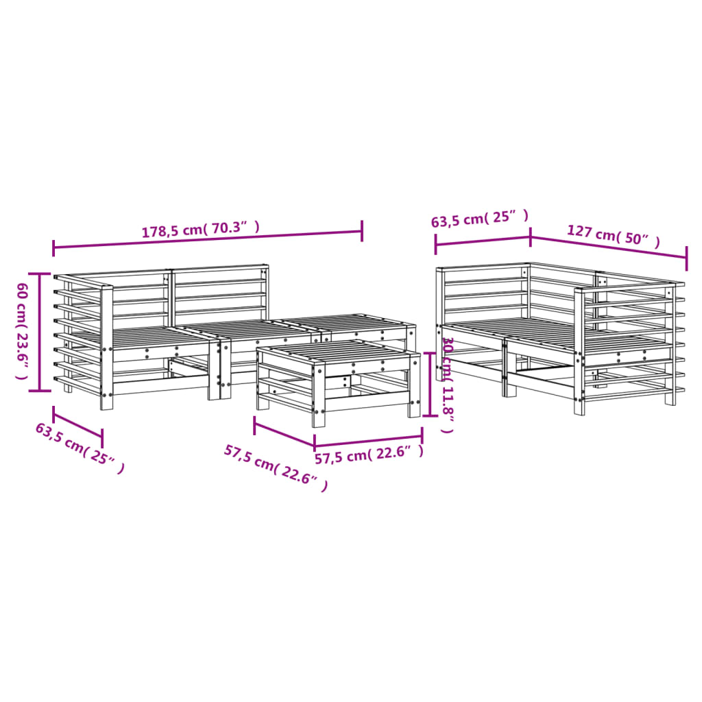 Set Salotto da Giardino 6 pz Nero in Legno Massello di Pino