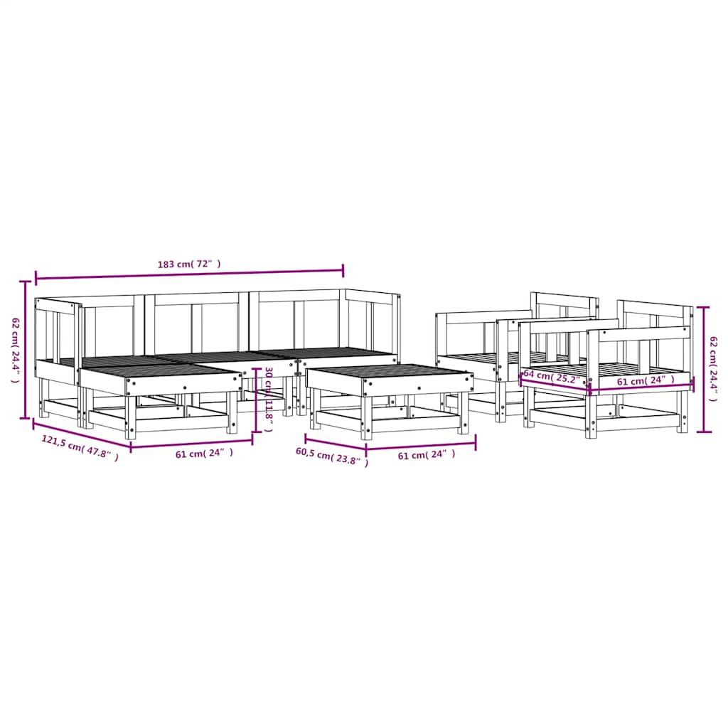 Set Salotto da Giardino 7 pz in Legno Massello di Pino