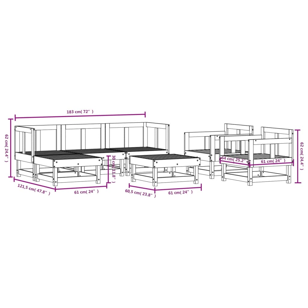 Set Salotto da Giardino 7 pz Grigio in Legno Massello di Pino