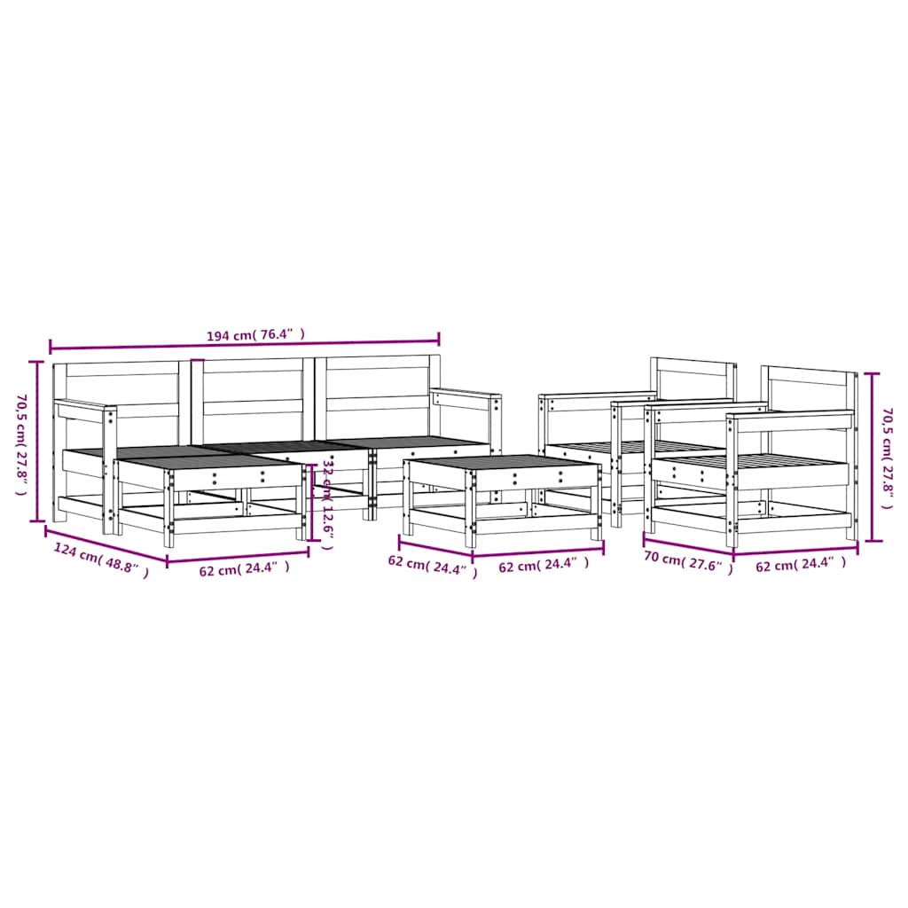 Set Salotto da Giardino 7 pz in Legno Massello di Pino