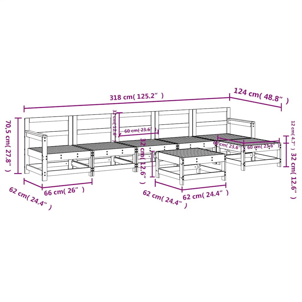 Set Salotto da Giardino 7 pz in Legno Massello di Pino