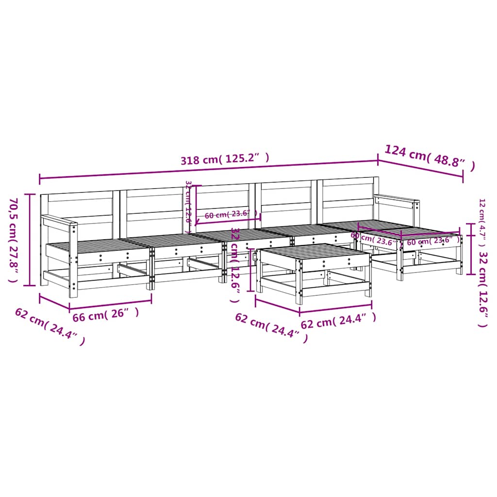 Set Salotto da Giardino 7 pz in Legno Massello di Pino