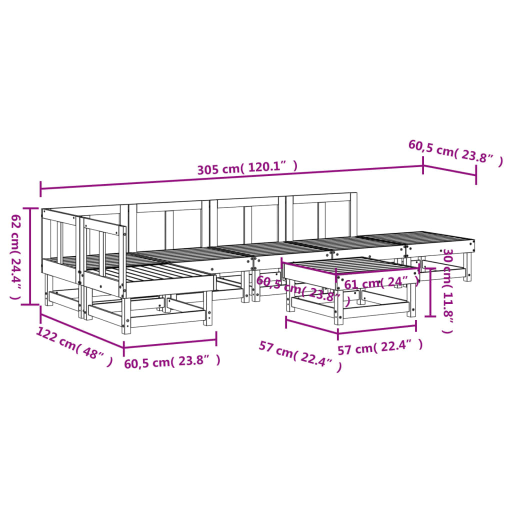 Set Salotto da Giardino 7 pz Nero in Legno Massello di Pino