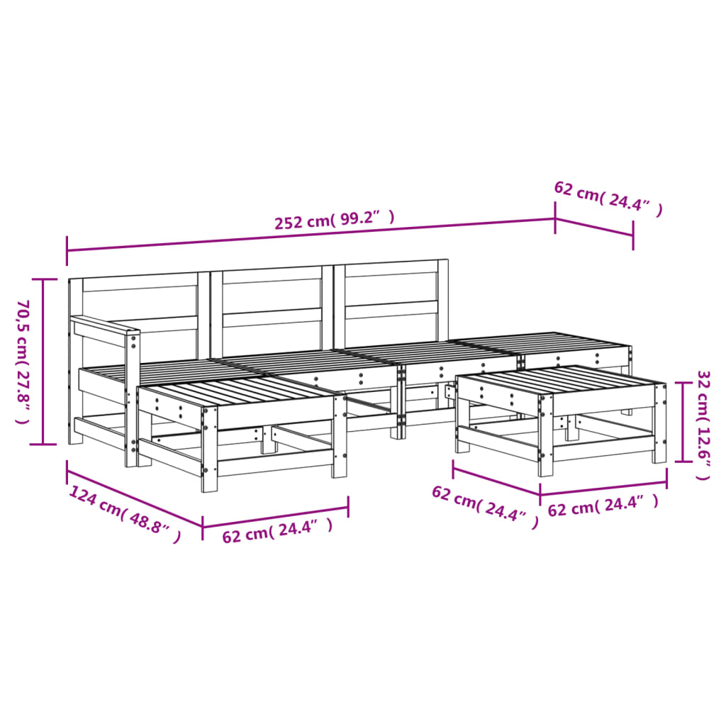 Set Salotto da Giardino 6 pz Nero in Legno Massello di Pino
