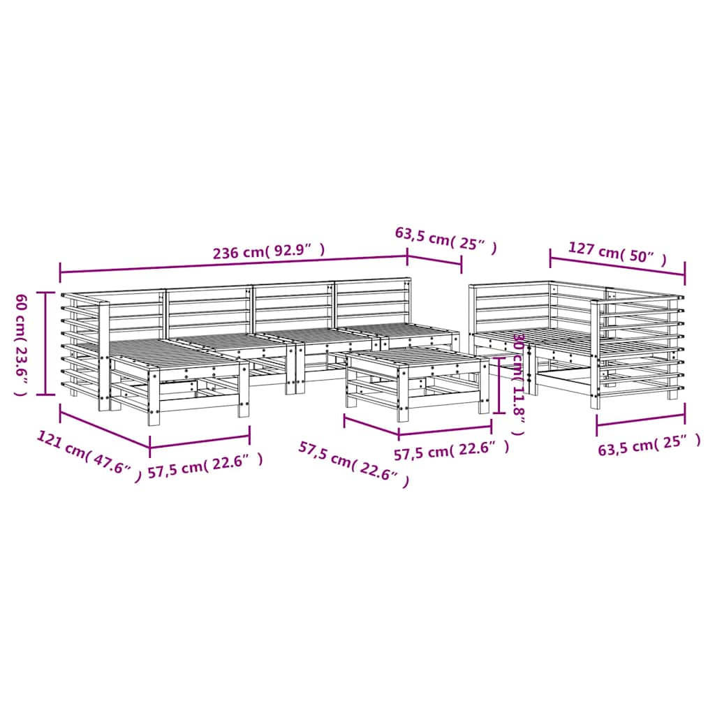 Set Salotto da Giardino 8 pz in Legno Massello di Pino Bianco