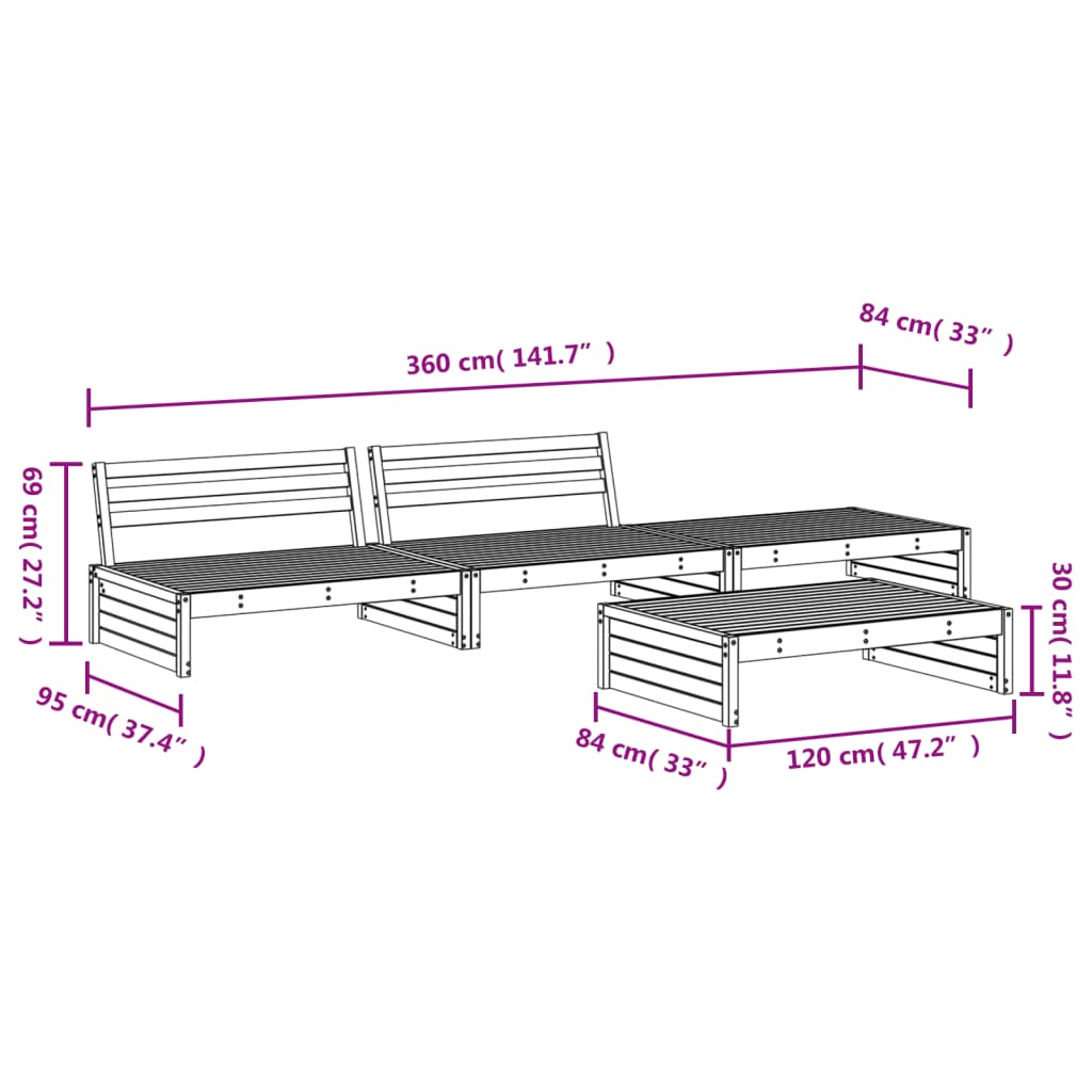 Set Salotto da Giardino 4 pz in Legno Massello di Pino