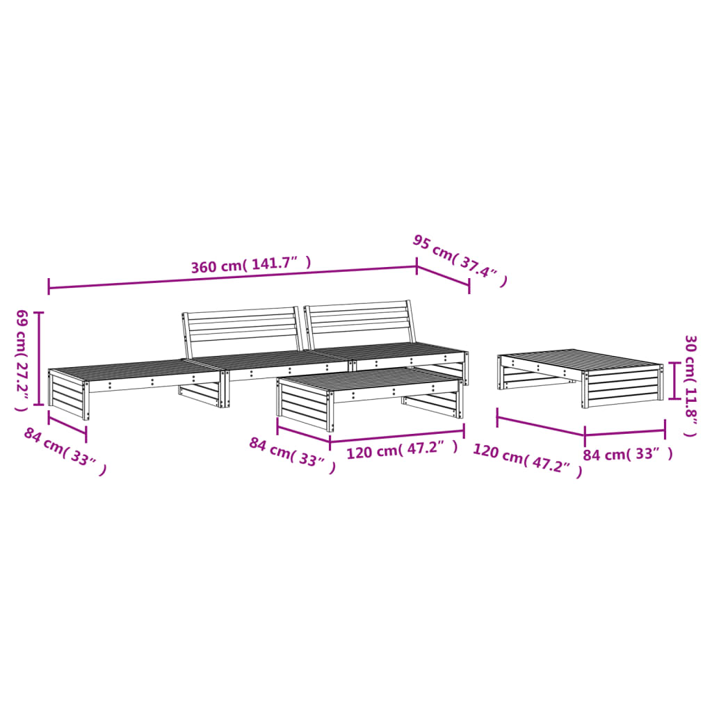 Set Salotto da Giardino 5 pz Bianco in Legno Massello di Pino