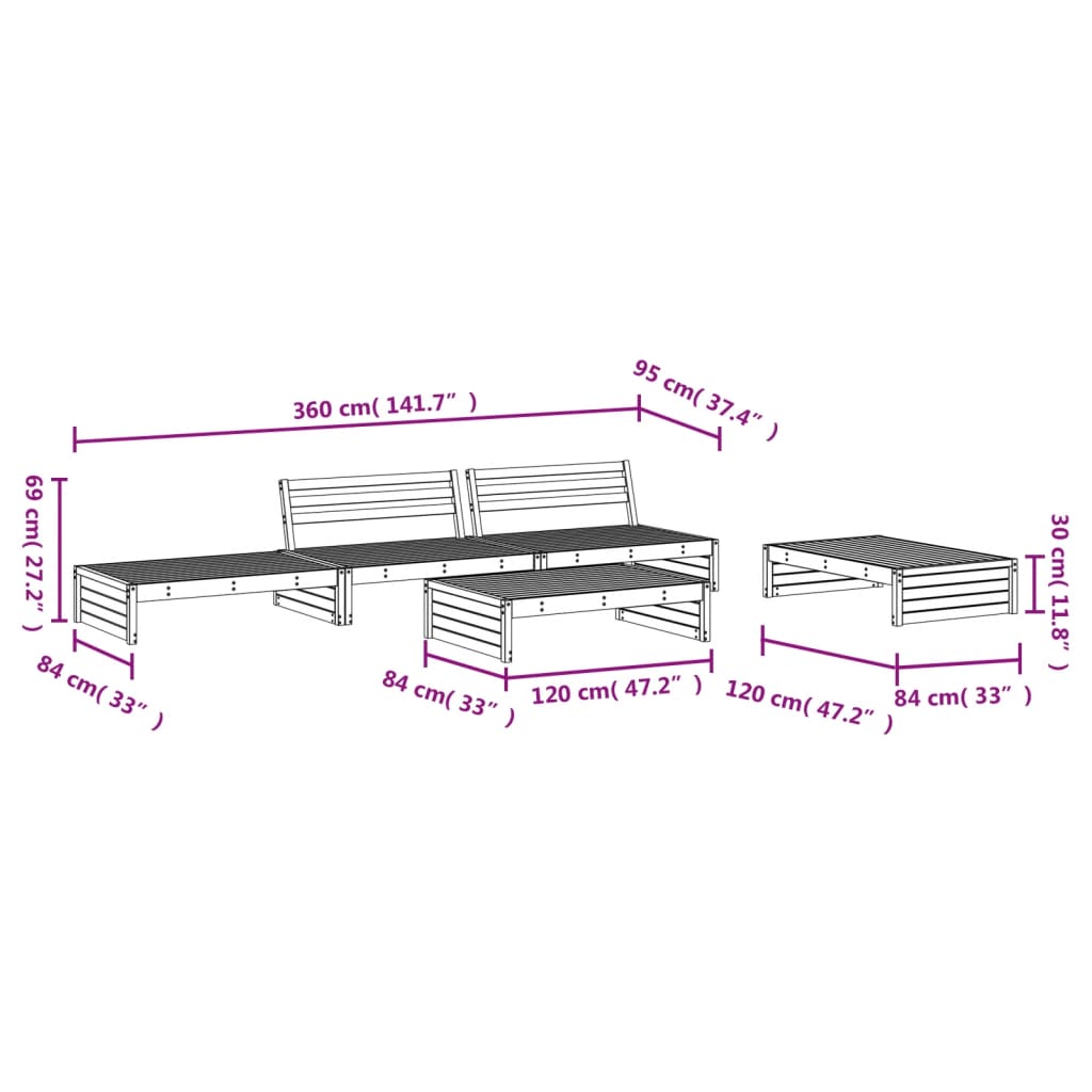 Set Salotto da Giardino 5 pz ambra in Legno Massello di Pino