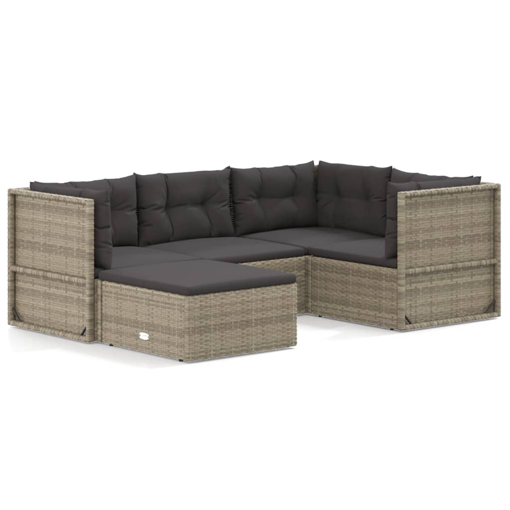 Set Divani da Giardino 5 pz con Cuscini in Polyrattan Grigio