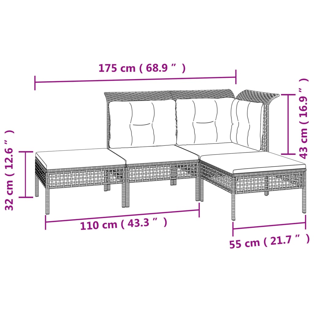 Set Divani da Giardino 7 pz con Cuscini in Polyrattan Grigio