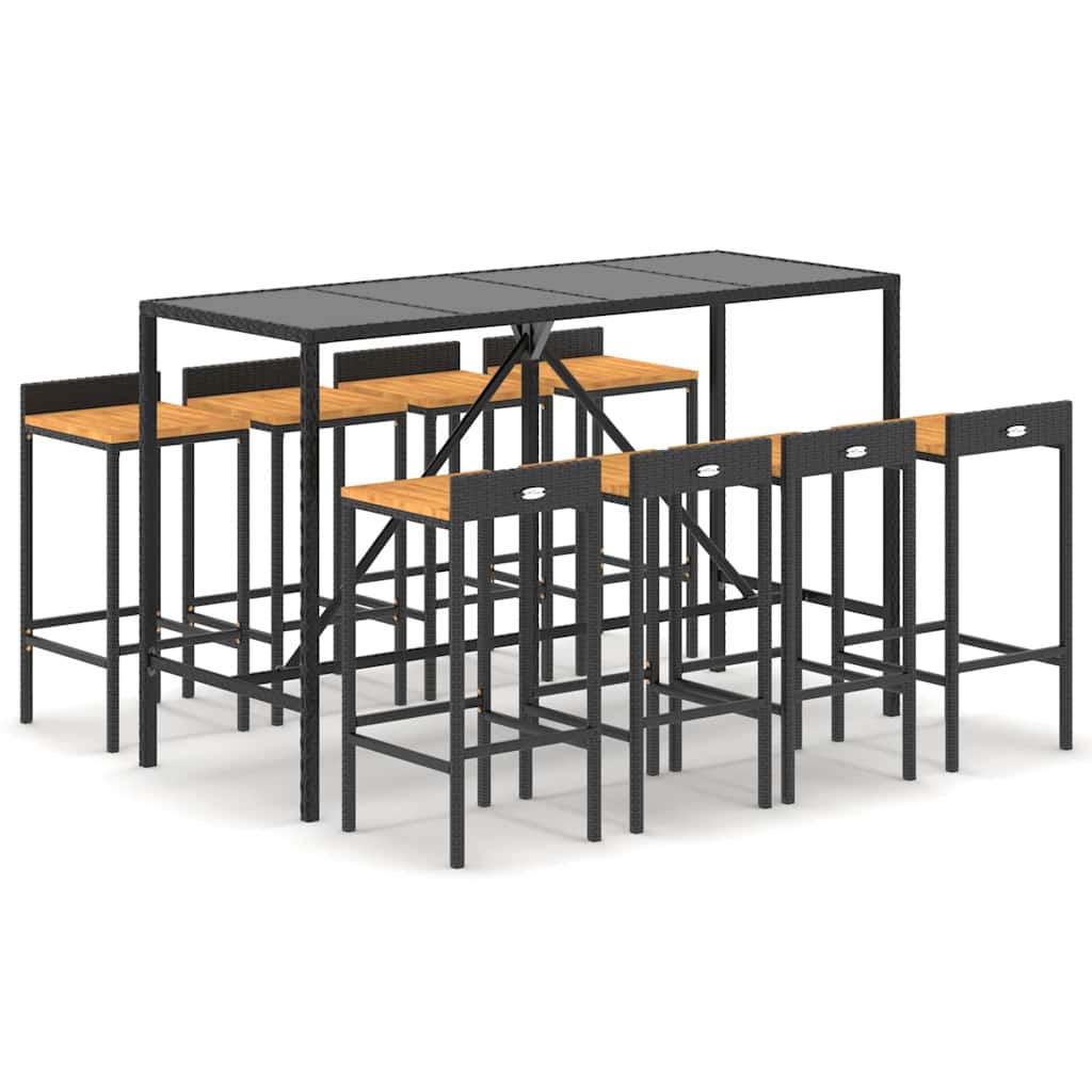 Set Bar Giardino 9 pz Nero Polyrattan e Legno Massello Acacia