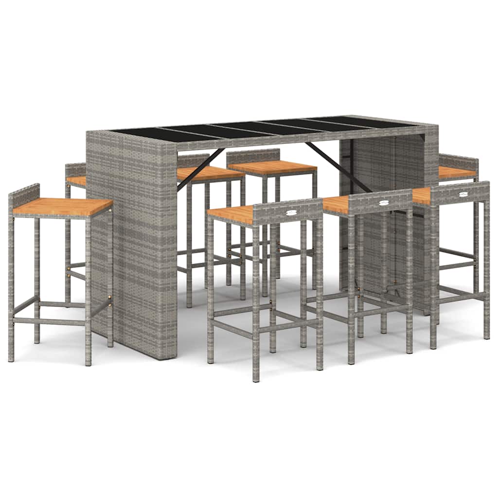 Set Bar Giardino 9pz Grigio Polyrattan e Legno Massello Acacia