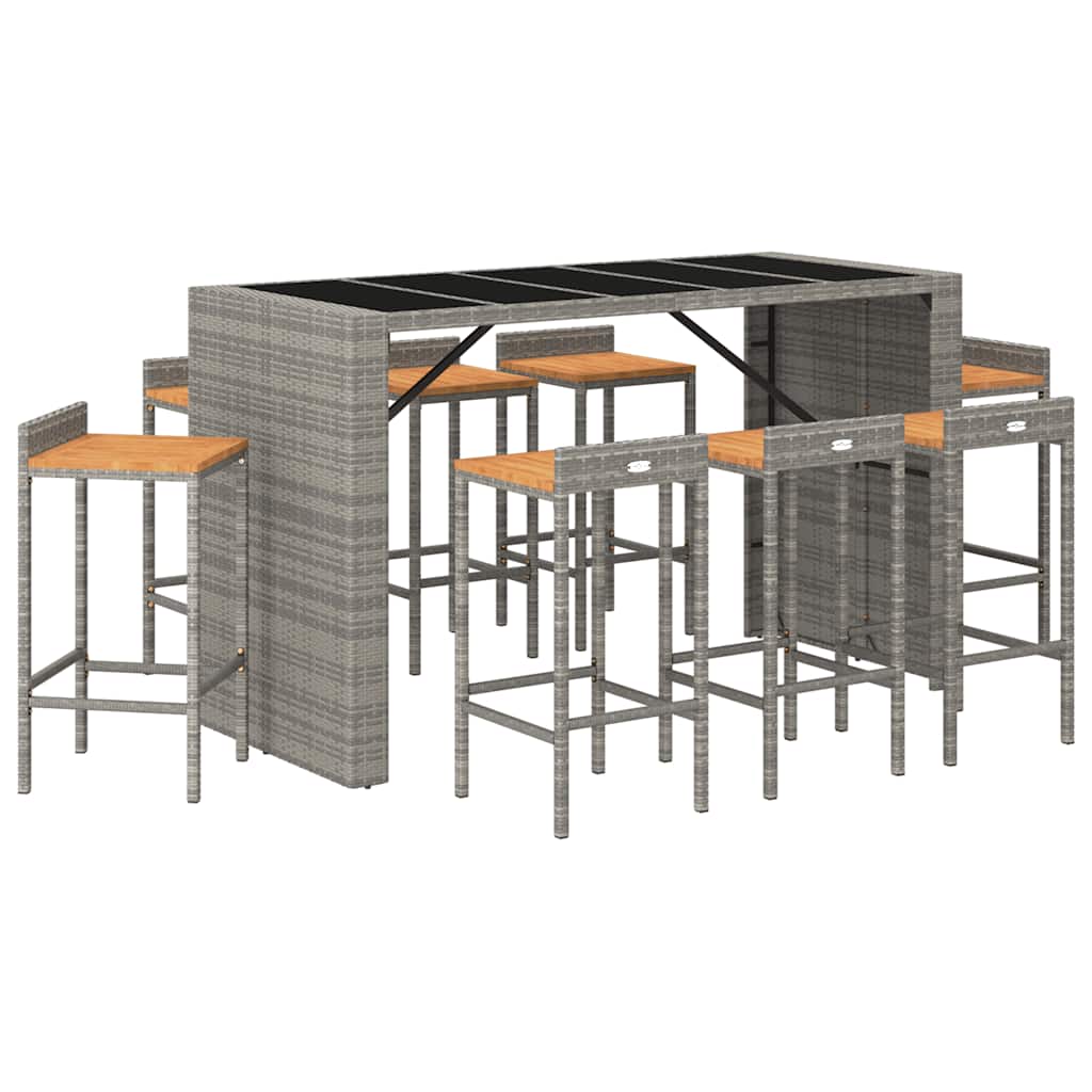 Set Bar Giardino 9pz Grigio Polyrattan e Legno Massello Acacia
