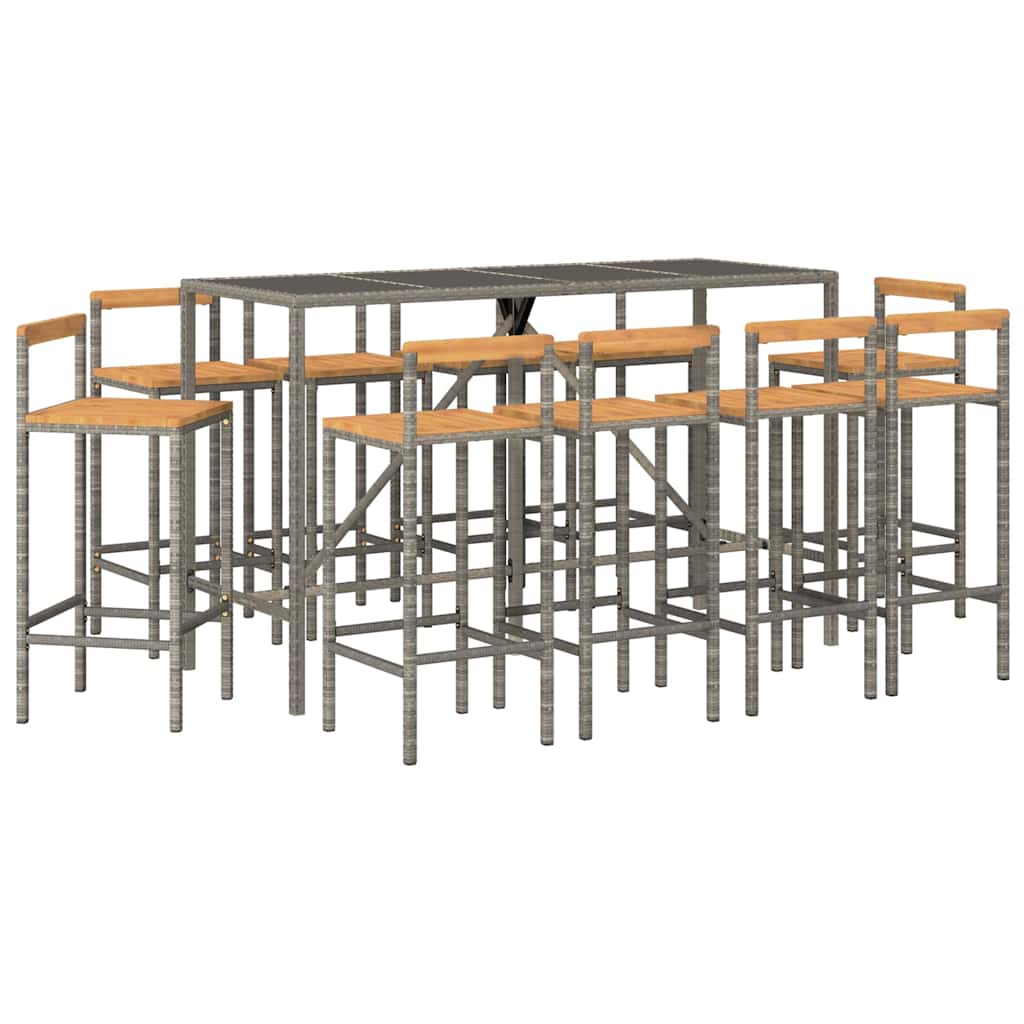 Set Bar Giardino 11pz Grigio Polyrattan e Legno Massello Acacia