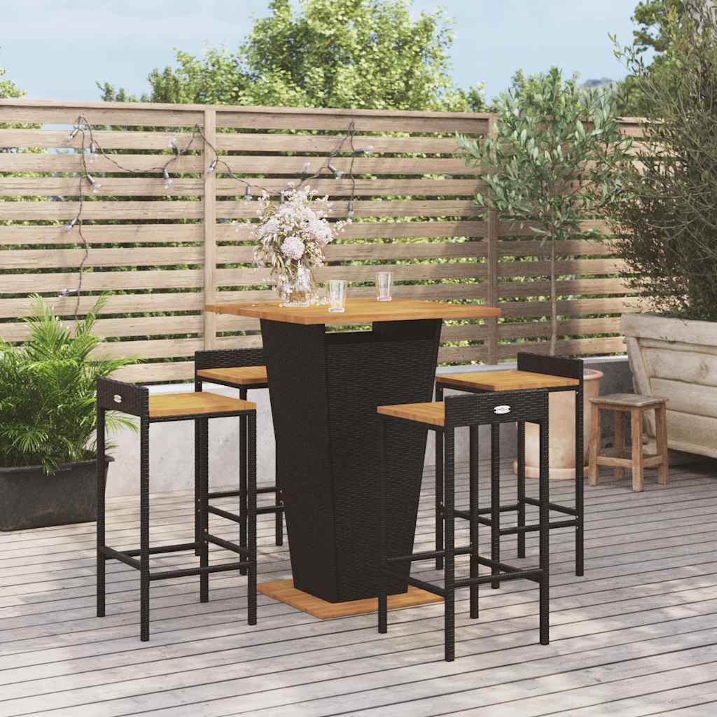 Set Bar Giardino 5 pz Nero Polyrattan e Legno Massello Acacia