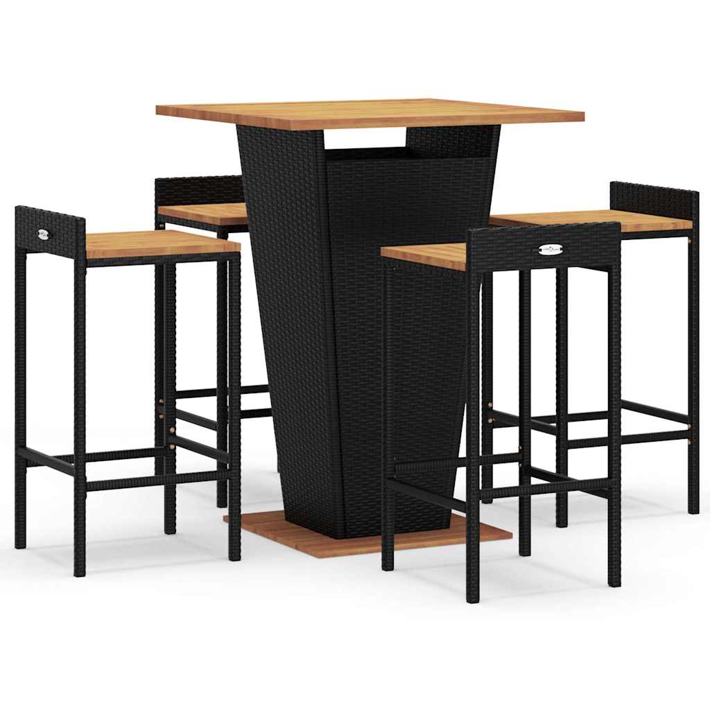 Set Bar Giardino 5 pz Nero Polyrattan e Legno Massello Acacia