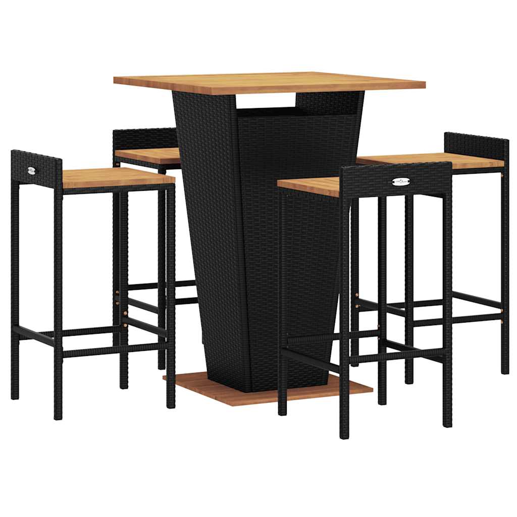 Set Bar Giardino 5 pz Nero Polyrattan e Legno Massello Acacia