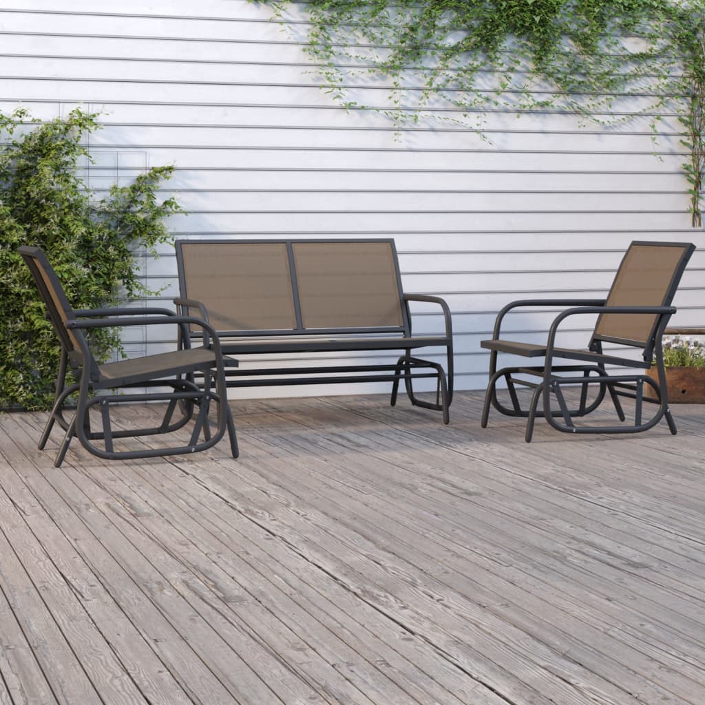 Set Mobili a Dondolo Giardino 3 pz Marrone Textilene e Acciaio