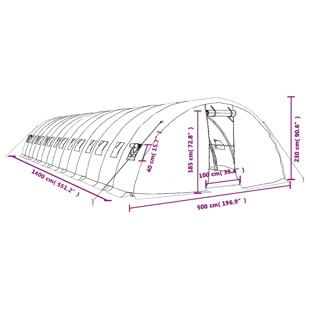 Serra con Telaio in Acciaio Verde 70 m² 14x5x2,3 m