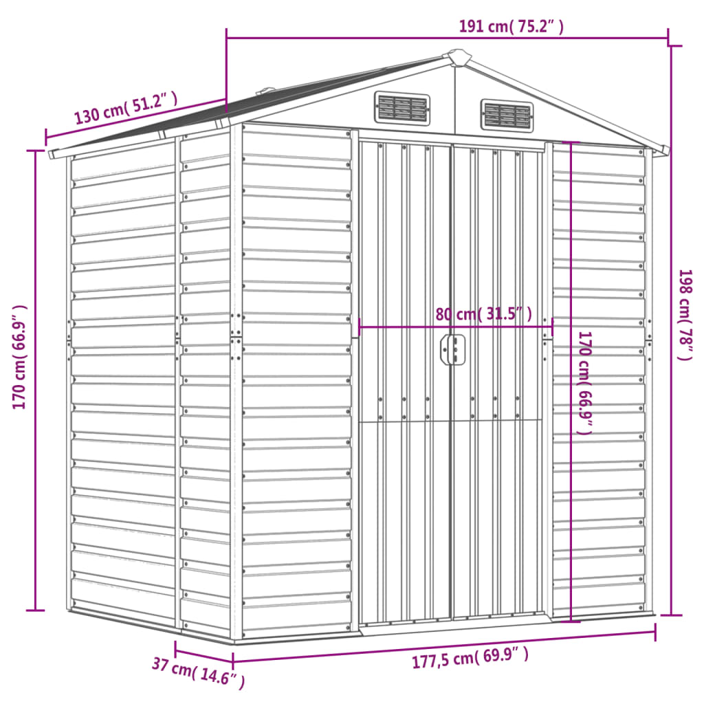 Capanno da Giardino Verde 191x130x198 cm in Acciaio Zincato