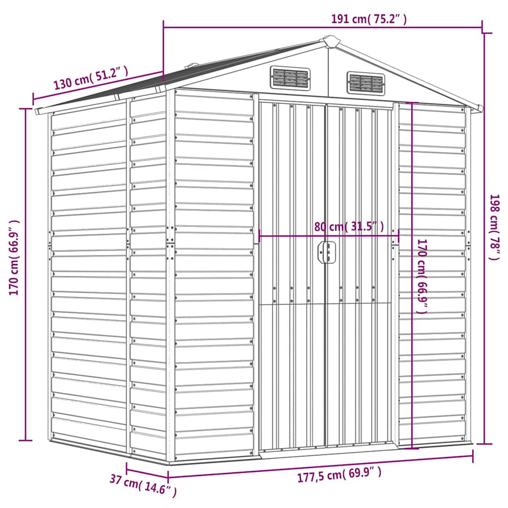 Capanno da Giardino Grigio Chiaro 191x130x198cm Acciaio Zincato
