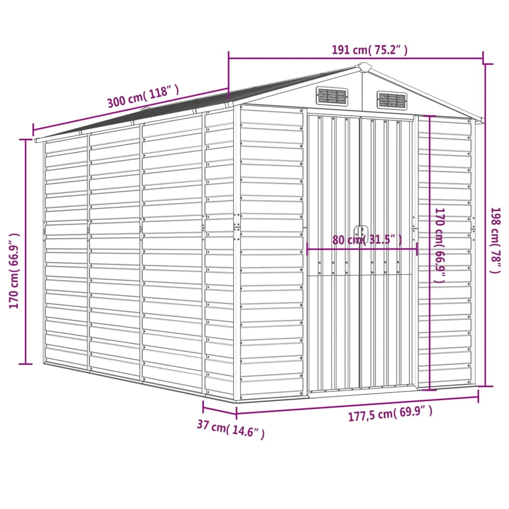 Casetta da giardino grigio chiaro 191x300x198 cm in acciaio zincato