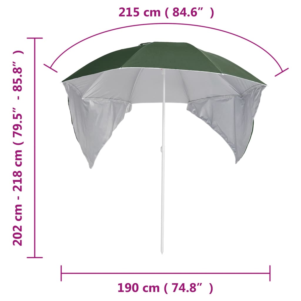 Ombrellone da Spiaggia con Teli Laterali Verde 215 cm