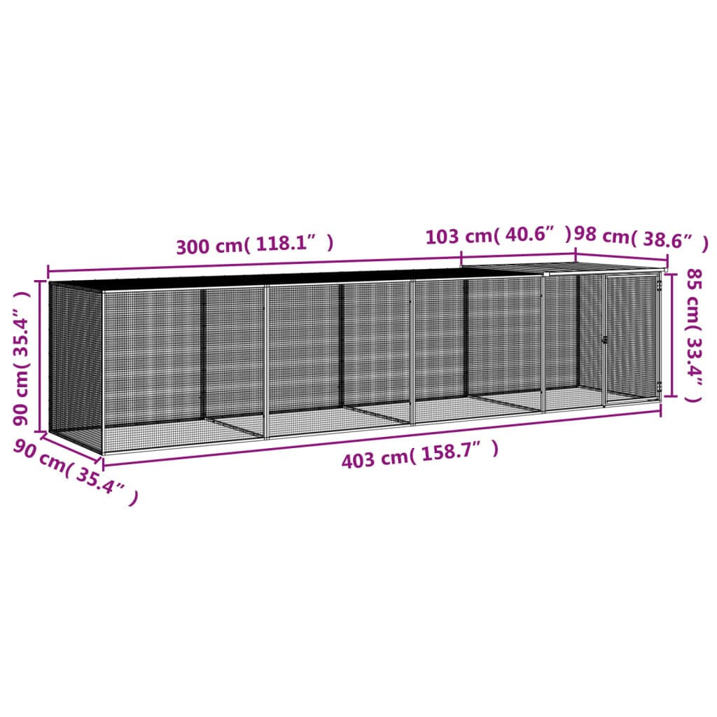 Gabbia Polli con Tetto Antracite 403x98x90 cm Acciaio Zincato