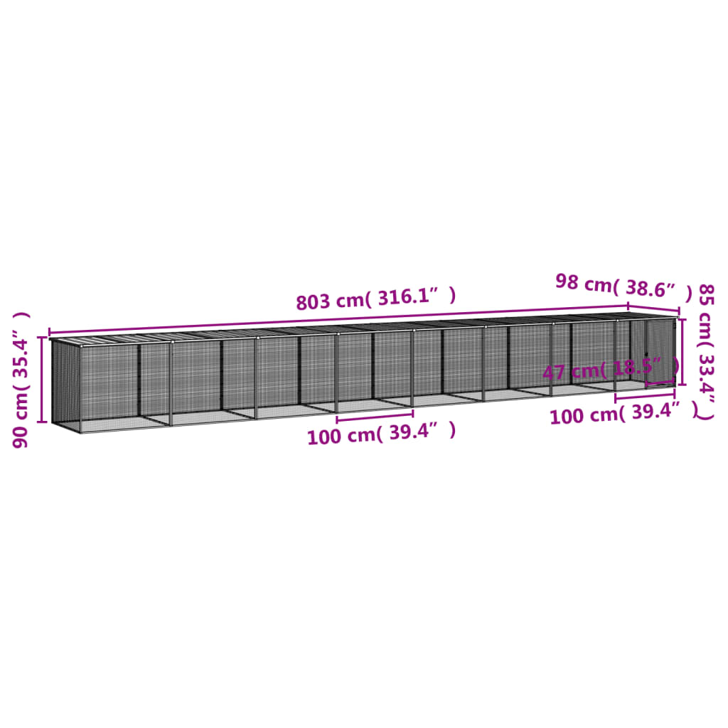 Gabbia Polli Tetto Grigio Chiaro 803x98x90 cm Acciaio Zincato