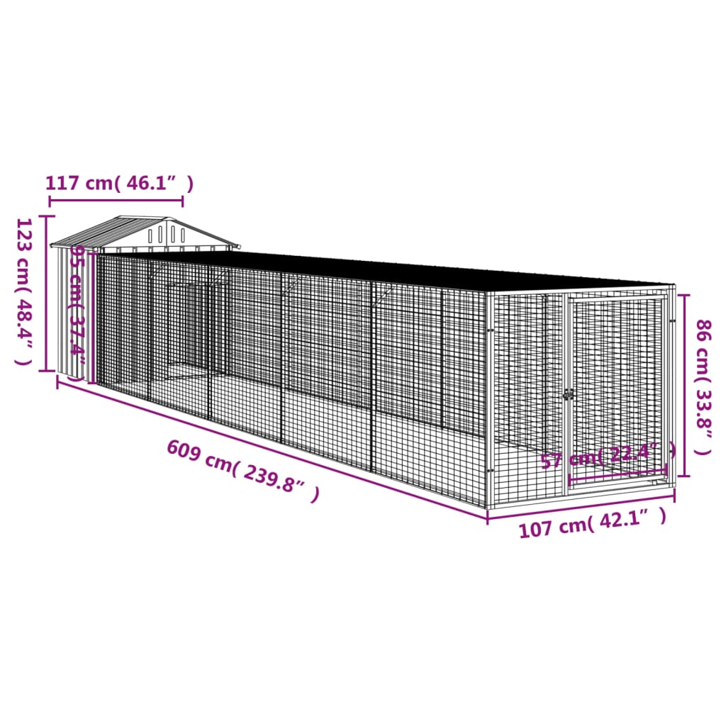 Pollaio con Area Corsa Antracite 117x609x123 cm Acciaio Zincato