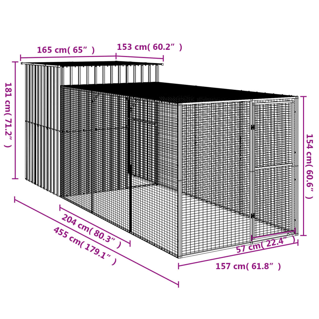 Pollaio con Area Corsa Antracite 165x455x181 cm Acciaio Zincato