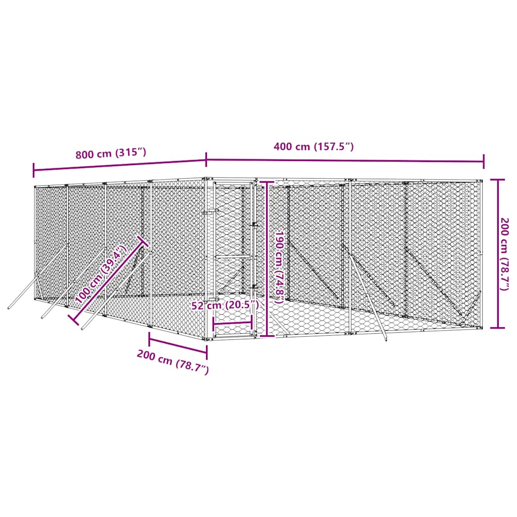 Cuccia per Cani da Esterno Argento 4x8x2 m in Acciaio Zincato