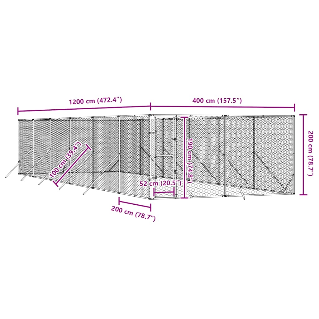 Cuccia per Cani da Esterno Argento 4x12x2 m in Acciaio Zincato