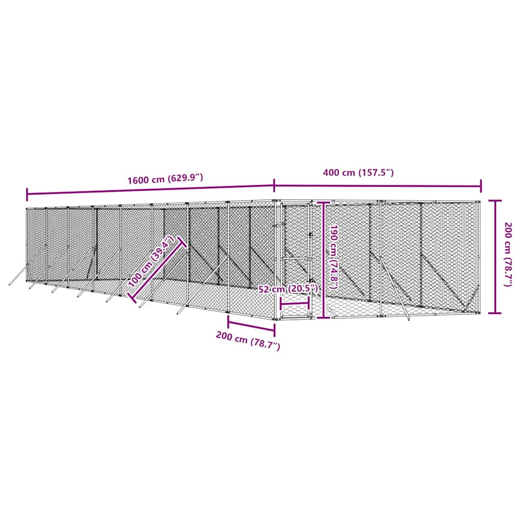 Cuccia per Cani da Esterno Argento 4x16x2 m in Acciaio Zincato