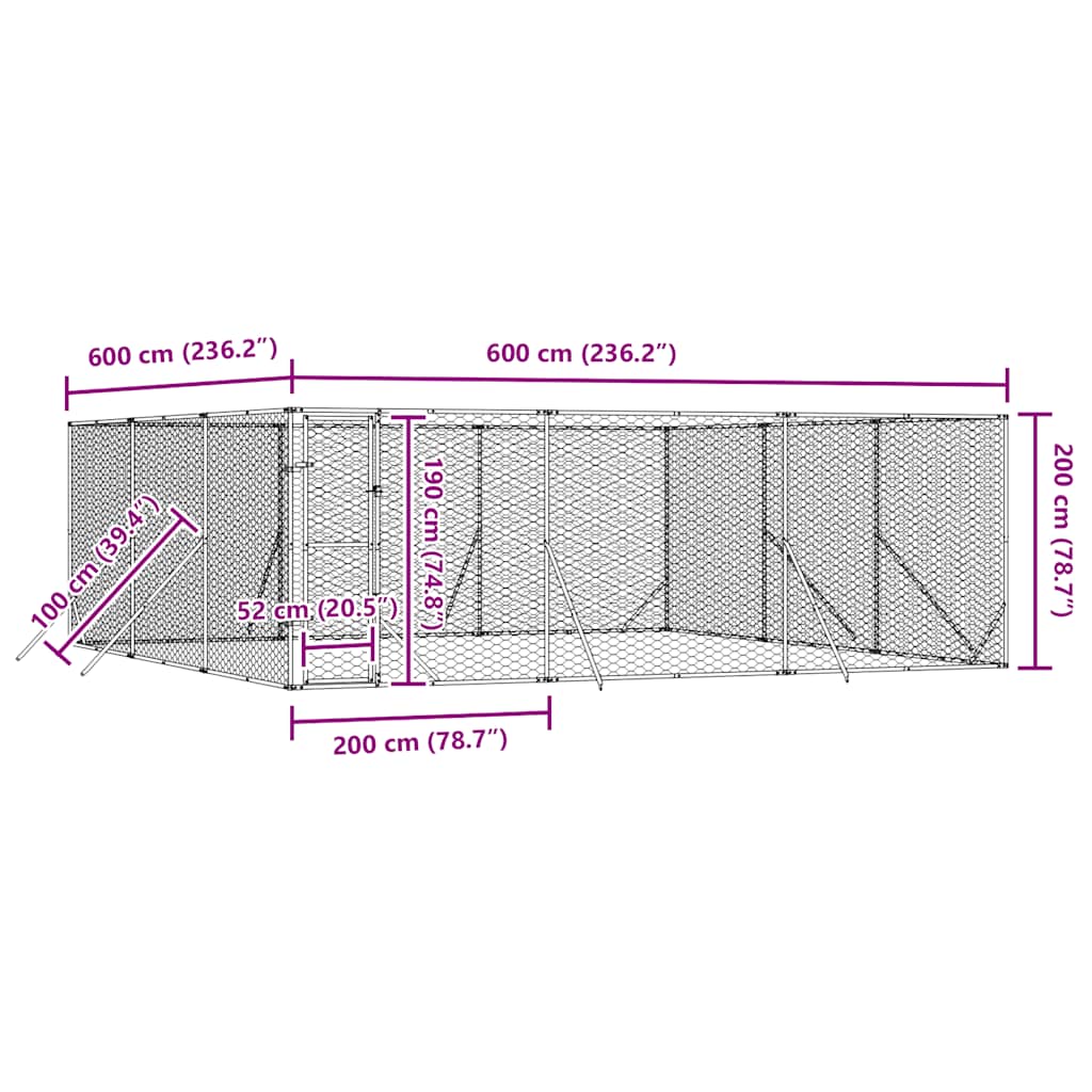 Cuccia per Cani da Esterno Argento 6x6x2 m in Acciaio Zincato