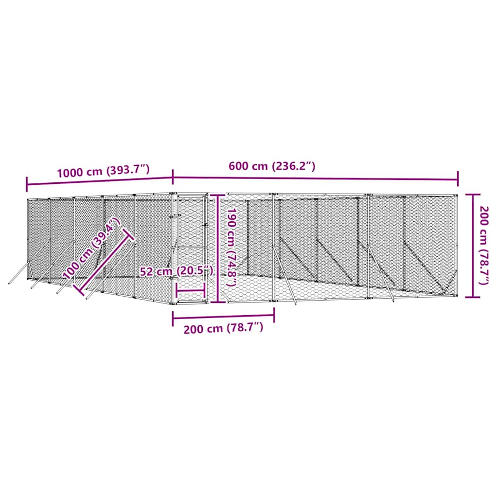 Cuccia per Cani da Esterno Argento 6x10x2 m in Acciaio Zincato