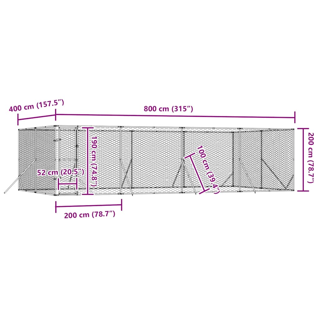 Cuccia per Cani da Esterno Argento 8x4x2 m in Acciaio Zincato