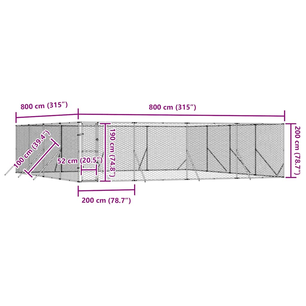 Cuccia per Cani da Esterno Argento 8x8x2 m in Acciaio Zincato