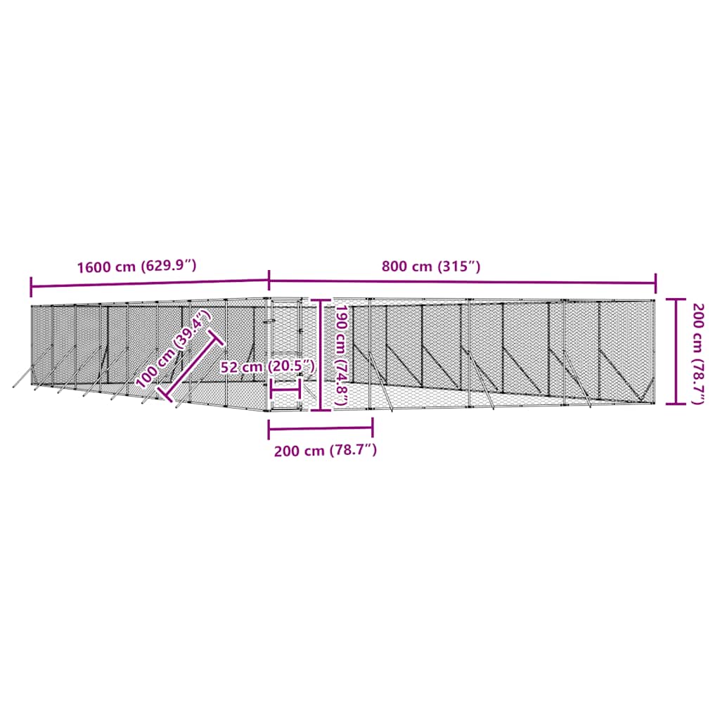 Cuccia per Cani da Esterno Argento 8x16x2 m in Acciaio Zincato