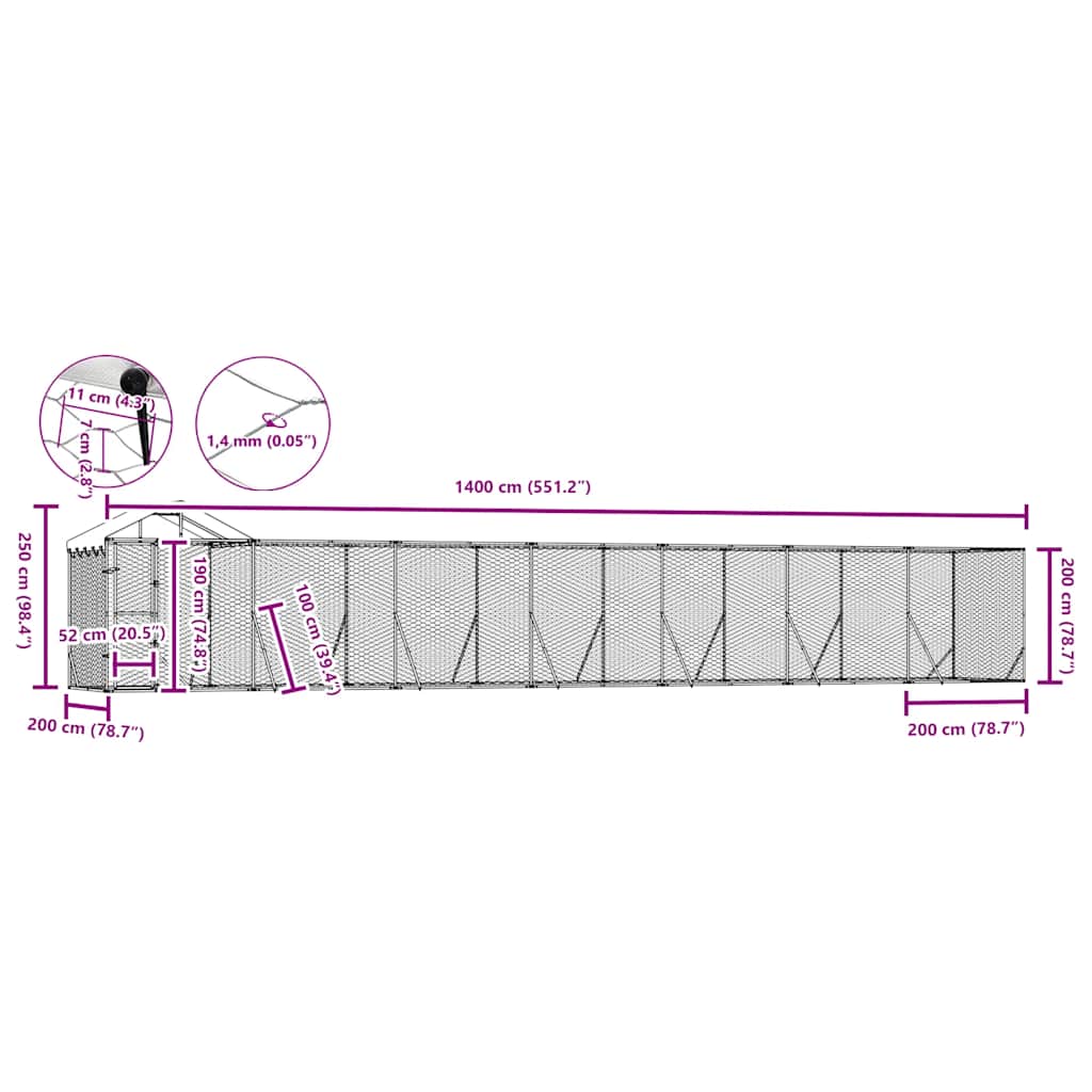 Cuccia Cani da Esterno Tetto Argento 14x2x2,5 m Acciaio Zincato