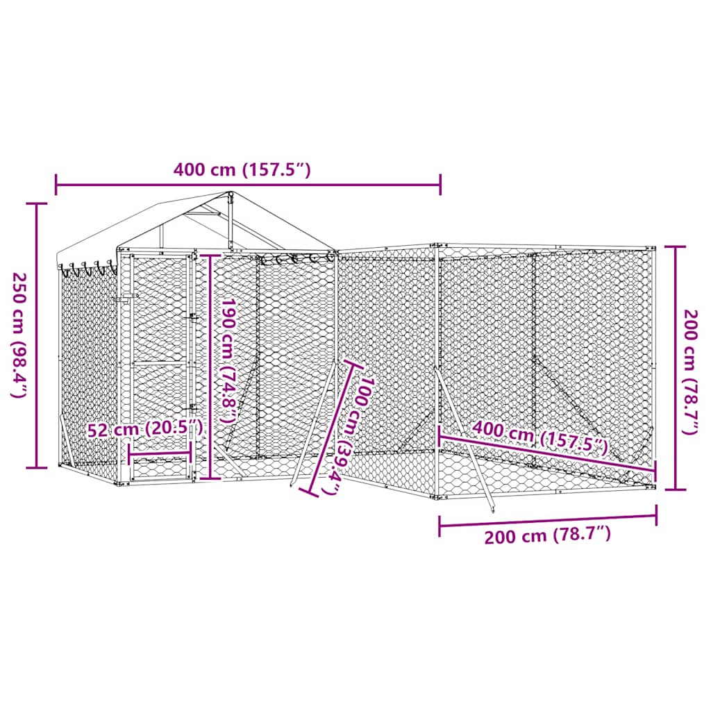 Cuccia Cani da Esterno Tetto Argento 4x4x2,5 m Acciaio Zincato