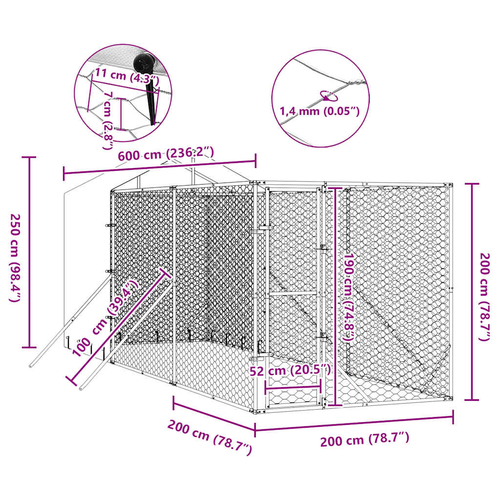 Cuccia Cani da Esterno Tetto Argento 2x6x2,5 m Acciaio Zincato