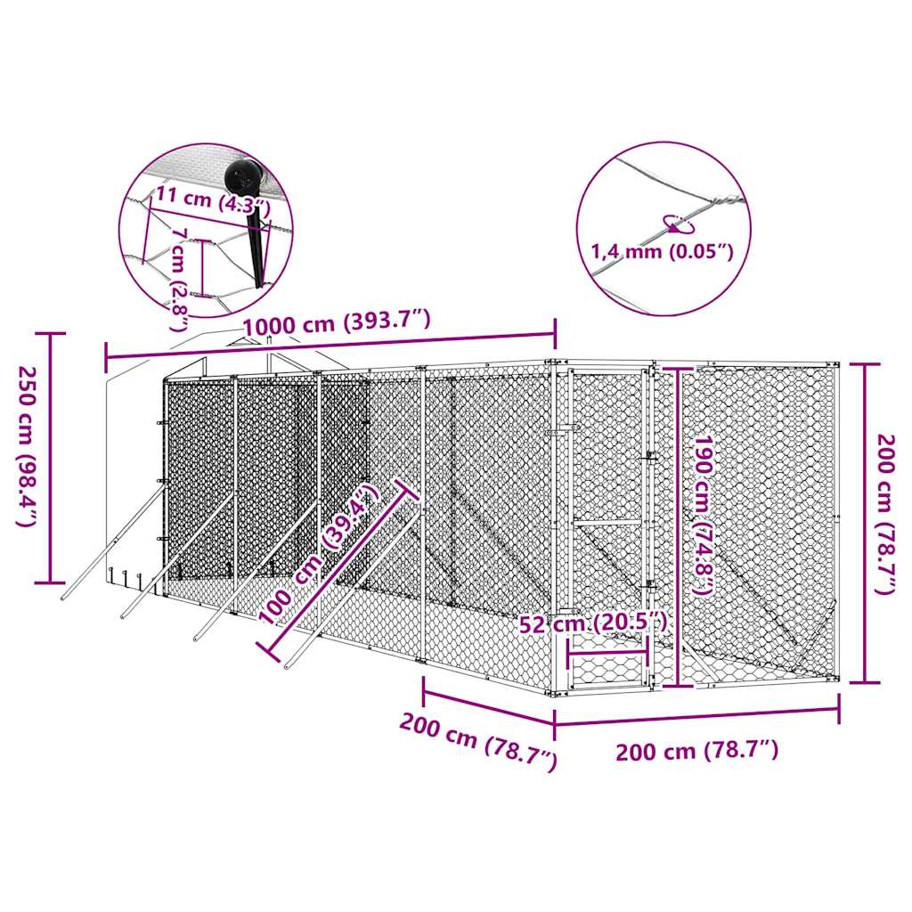 Cuccia Cani da Esterno Tetto Argento 2x10x2,5 m Acciaio Zincato