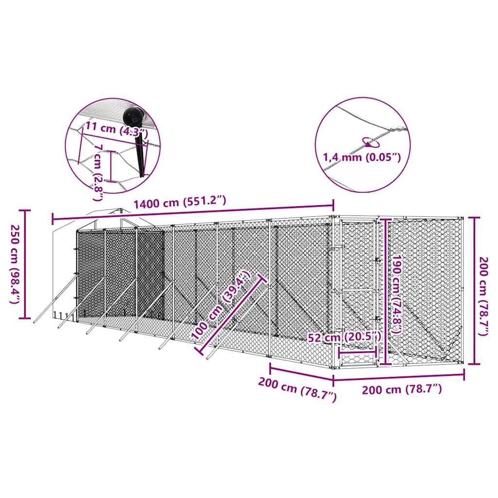 Cuccia Cani da Esterno Tetto Argento 2x14x2,5 m Acciaio Zincato