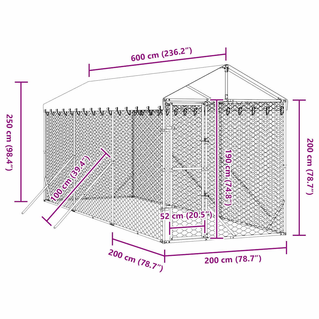 Cuccia Cani da Esterno Tetto Argento 2x6x2,5 m Acciaio Zincato